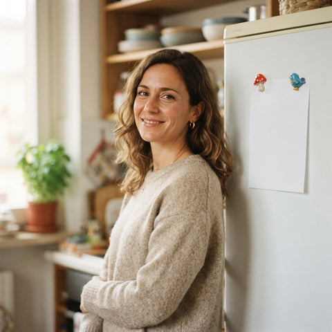 Giulia nella sua cucina, accanto al frigo con il tabellone della giornata