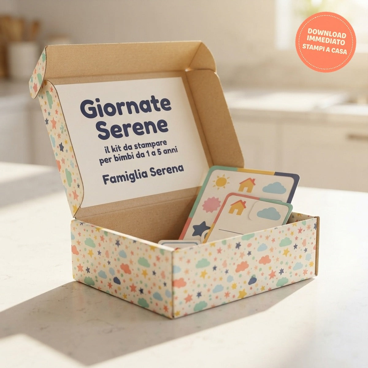 La scatola del kit Giornate Serene aperta sul piano della cucina, con il tabellone della giornata, le carte delle routine e le pagine del copione. Download immediato, stampi a casa.