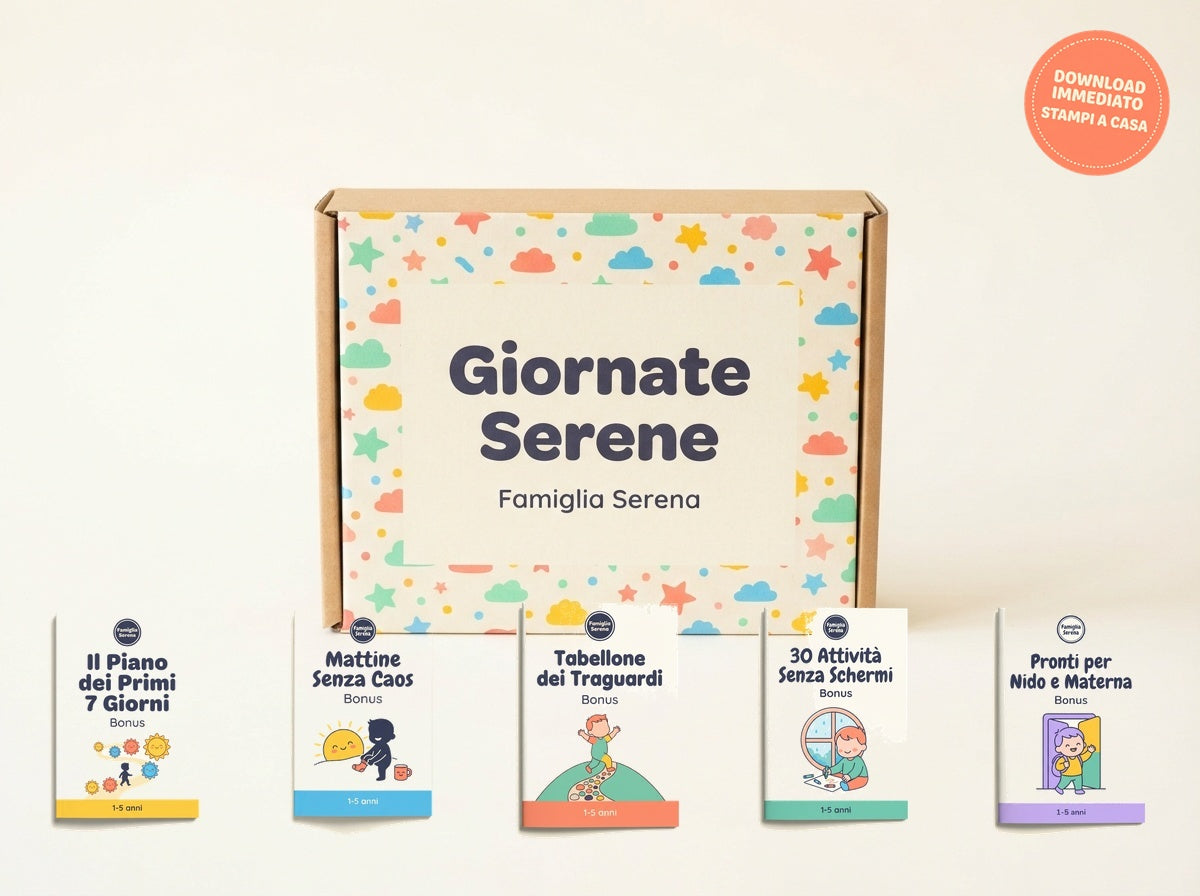 La scatola del kit Giornate Serene con i 5 bonus a ventaglio. Download immediato, stampi a casa.