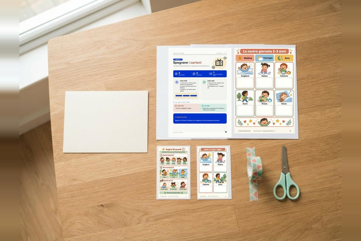 Il contenuto del kit su un tavolo di cucina: il tabellone della giornata, le carte delle routine ritagliate e le pagine del copione
